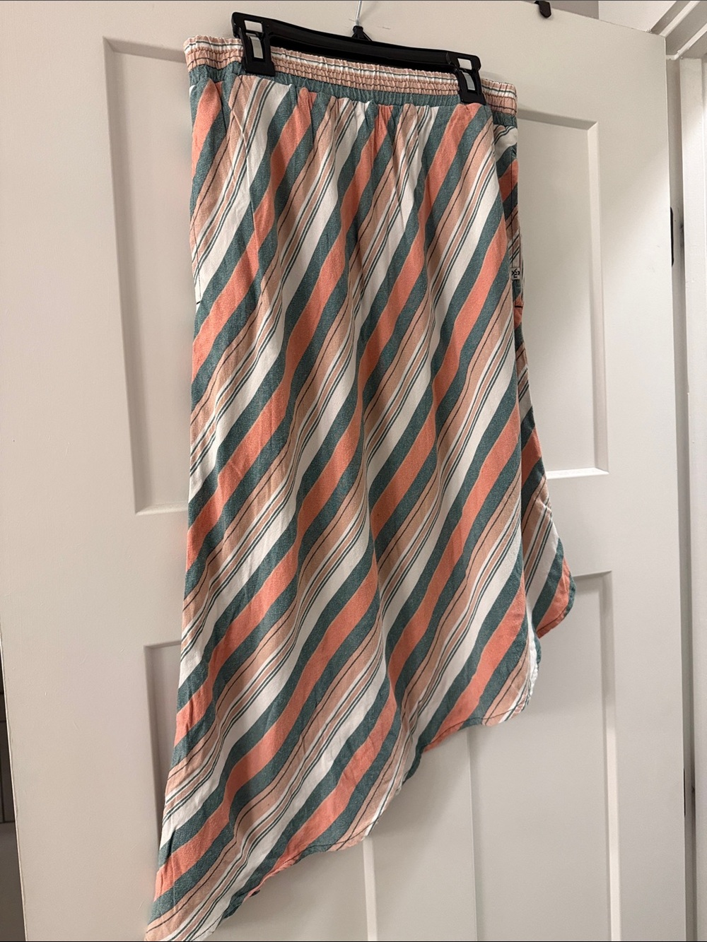 Kavu Asymmetrical Stripe Midi Skirt in Peach & Teal
